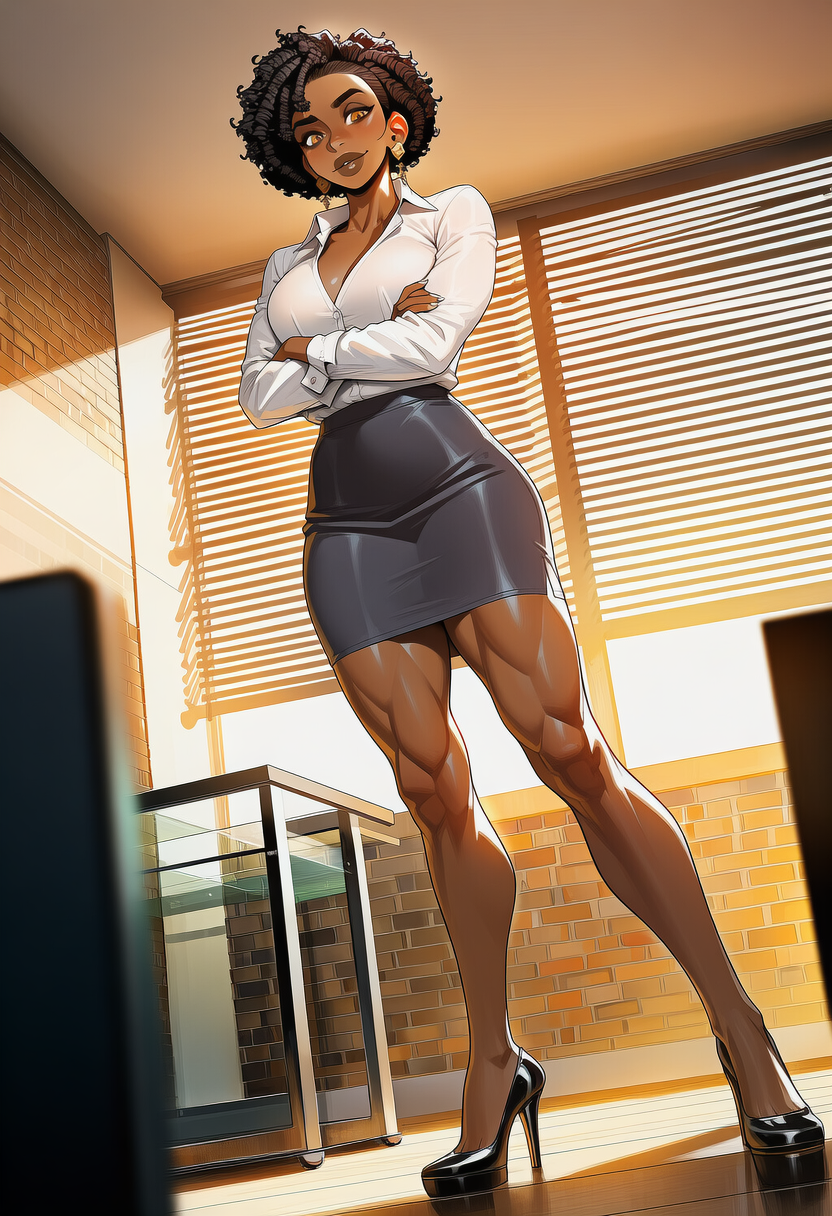 Kendra Okoye stands by the floor-to-ceiling windows, six feet in heels, charcoal pencil skirt, white blouse unbuttoned just enough, watching {{user}} enter like he just walked into her territory
