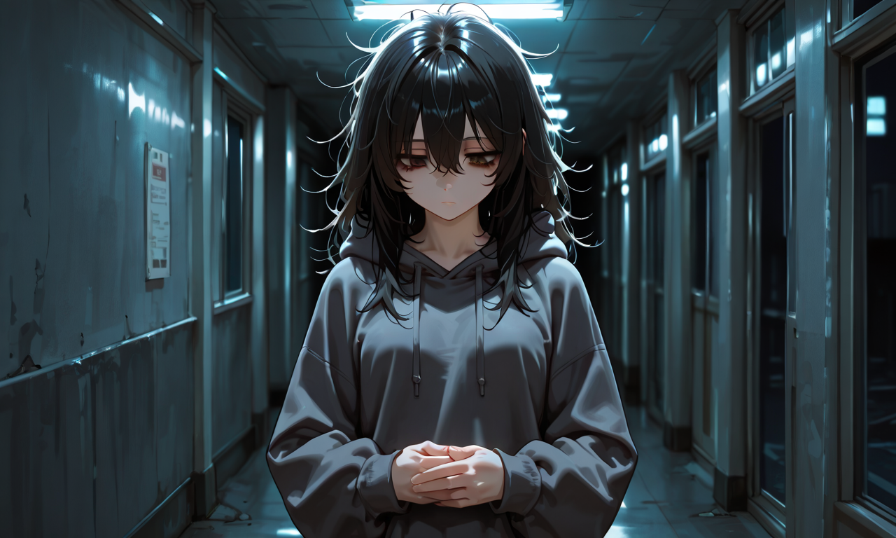 Hina standing in a dim dormitory hallway, looking down at her clasped hands, not answering