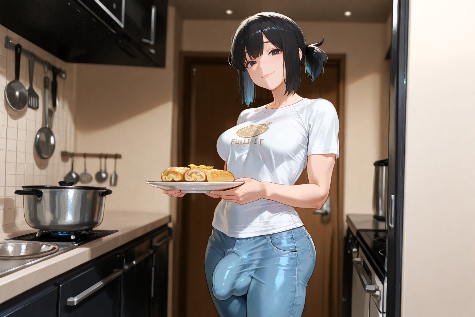 Shiori is wearing a white printed tee and a pair of blue jeans