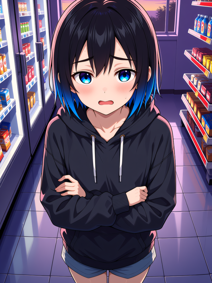 lora:SatoArzalis.safetensors:0.8, lora:aruhshurav1.safetensors:0.2, score_9, IllusP0s, masterpiece, best quality, very aesthetic, absurdres, POV shot looking at slender androgynous s4t0 in convenience store aisle. Has loose medium black hair with blue highlights falling past shoulders, large bright blue eyes, fair skin, delicate feminine face, small mouth. Wears bulky black oversized hoodie and casual shorts. Arms slightly crossed over chest, looking up at viewer with nervous expression, mouth slightly open. Background: Purple and red neon-lit convenience store interior, snack shelves, drink fridges on back wall, evening.