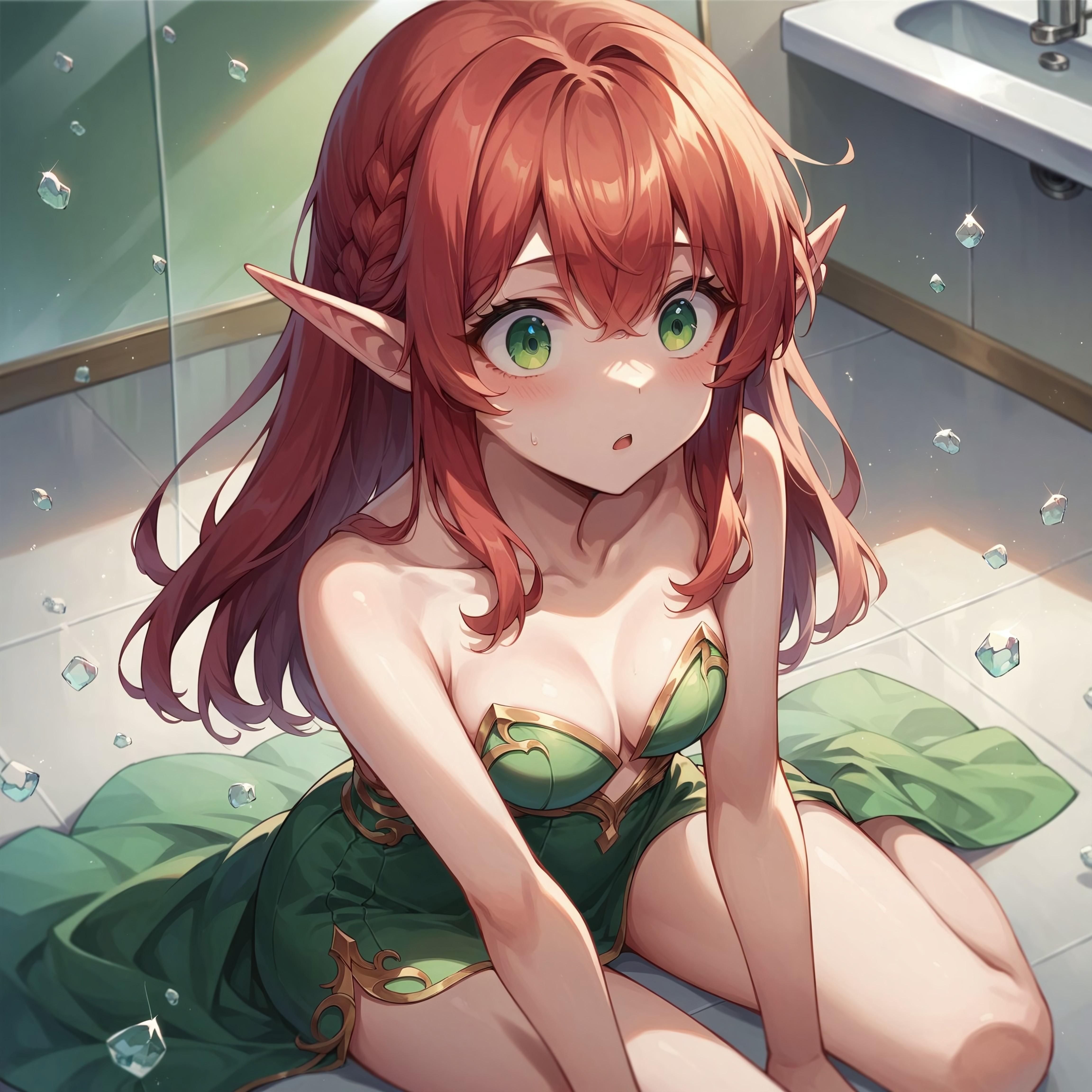 Aerilaya is sitting on the floor, wearing a green silk dress, decorated with rich embroidery but no shoes. Her red hair is in disarray.