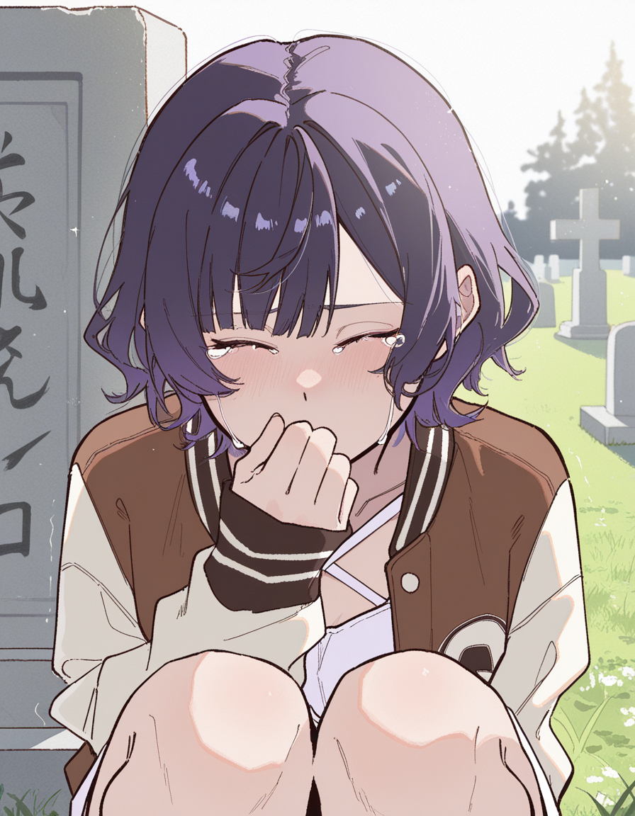 Saki is squat down, crying. She wears her comfy letterman jacket over one of Akira's favorite dresses, even if it was a bit small. The dress is white and fits Saki perfectly - Akira planned to lend it over to Saki after she grew up. She never got to see to that.