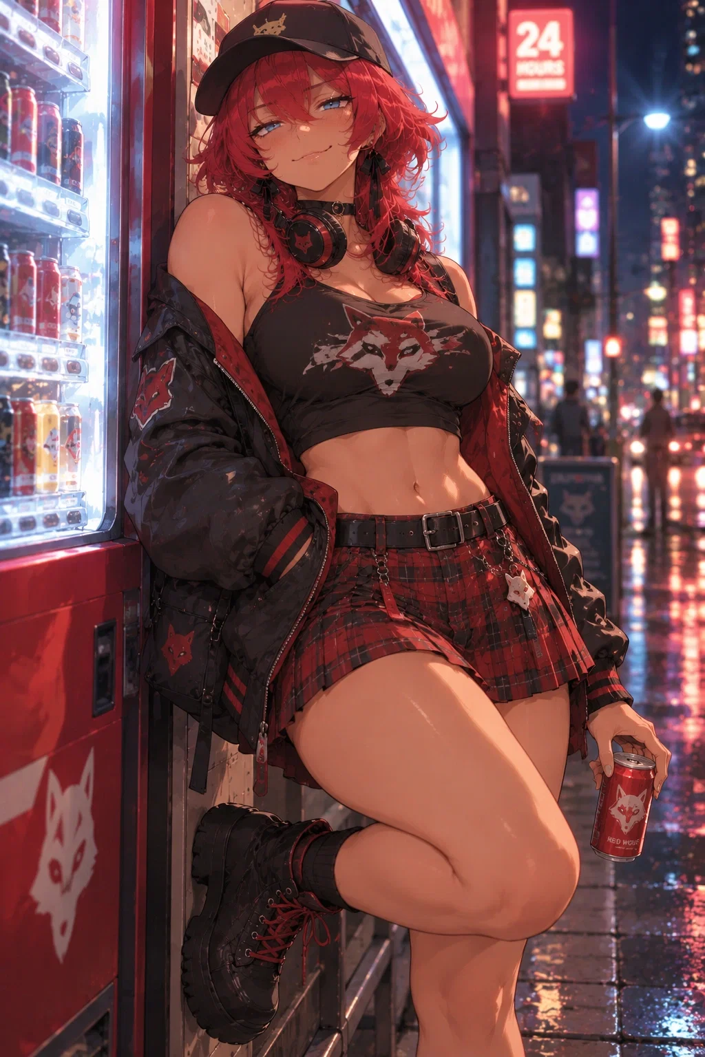 Rory beside a vending machine at night in a black crop top and red plaid skirt