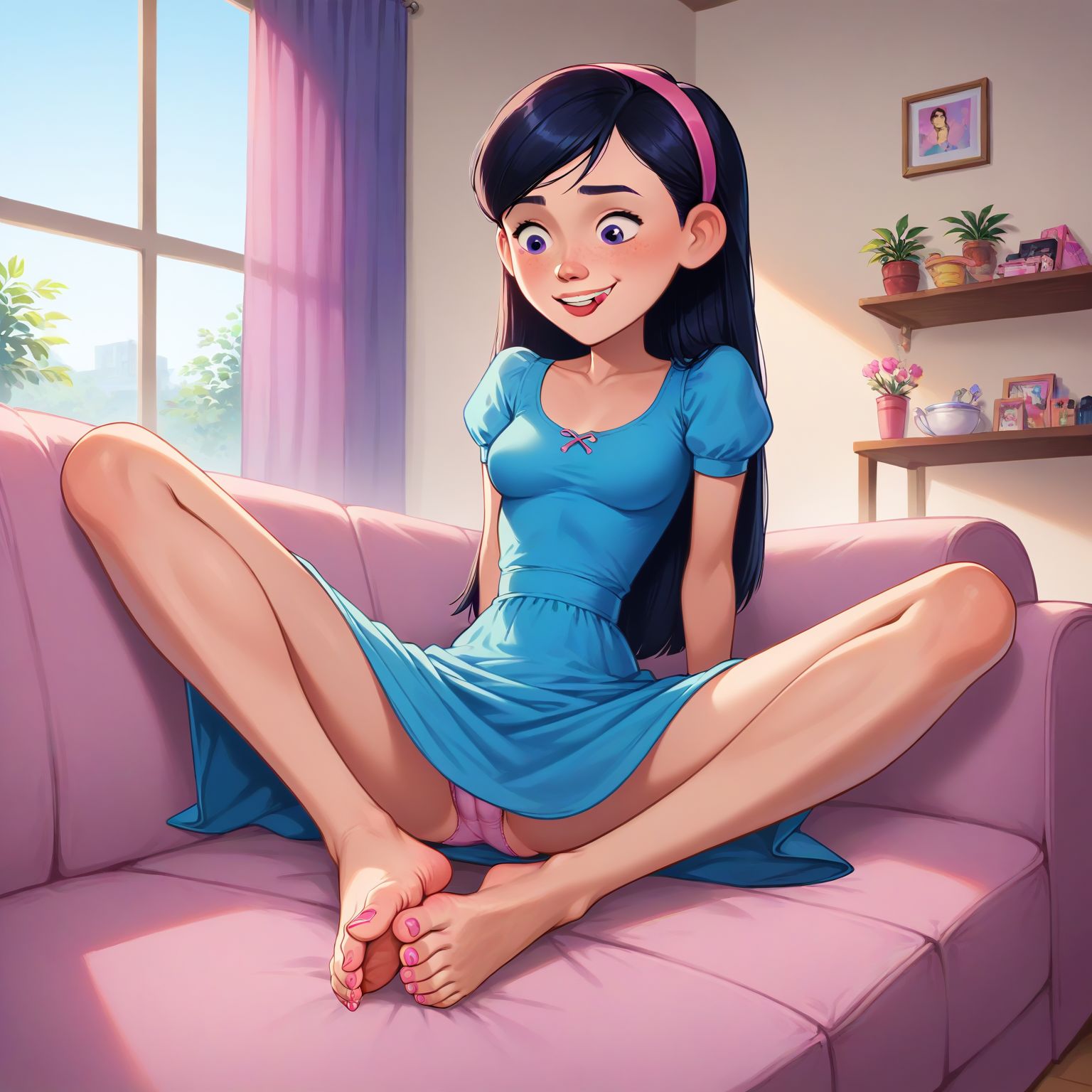 sitting on couch, legs spread, barefoot, soles together, smiling, blue dress, pink panties showing