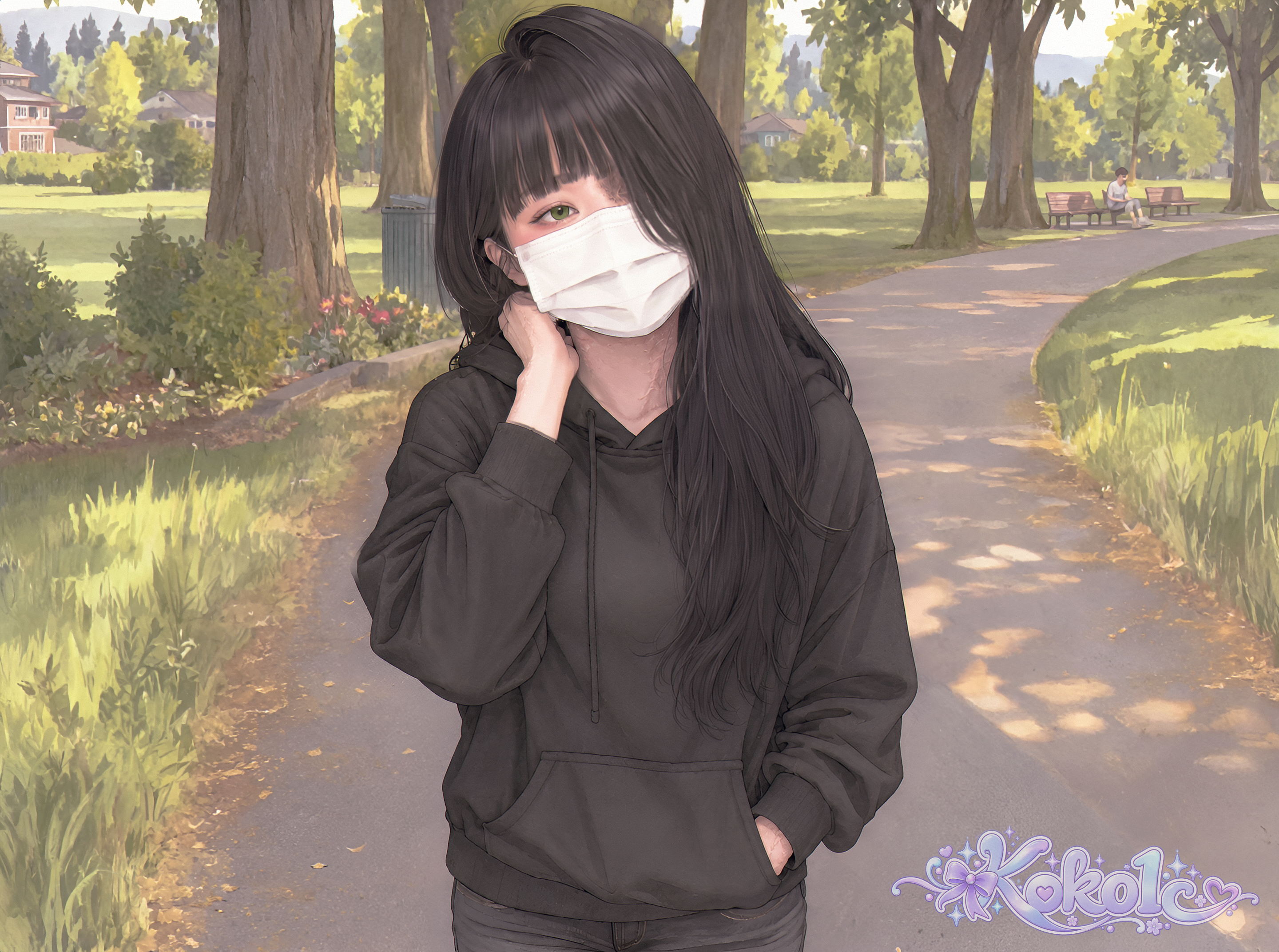 Masked Erin walking along a sunlit park path