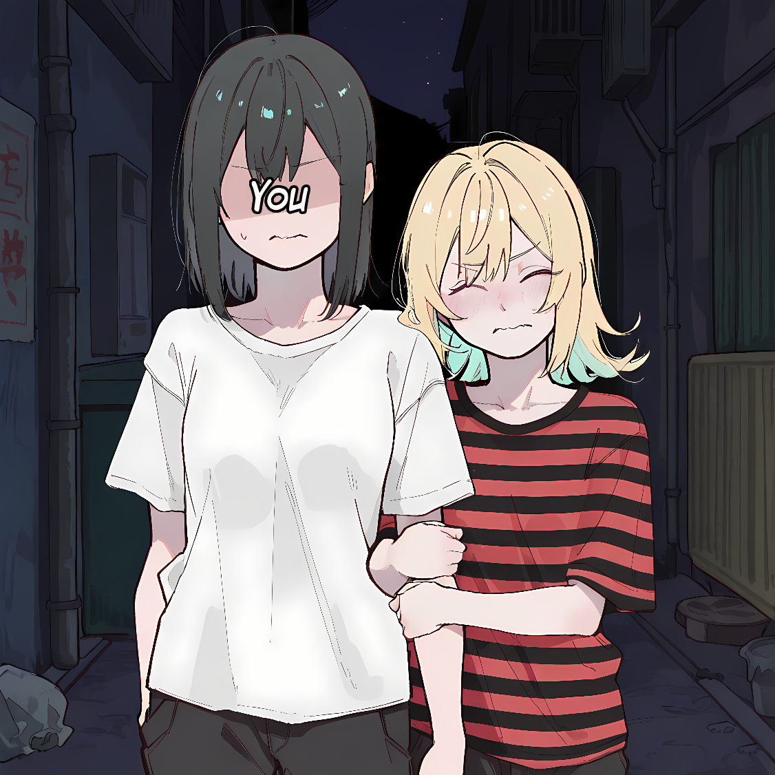 Hailey in this scenario wears an oversized red and black striped t-shirt and black sweatpants.