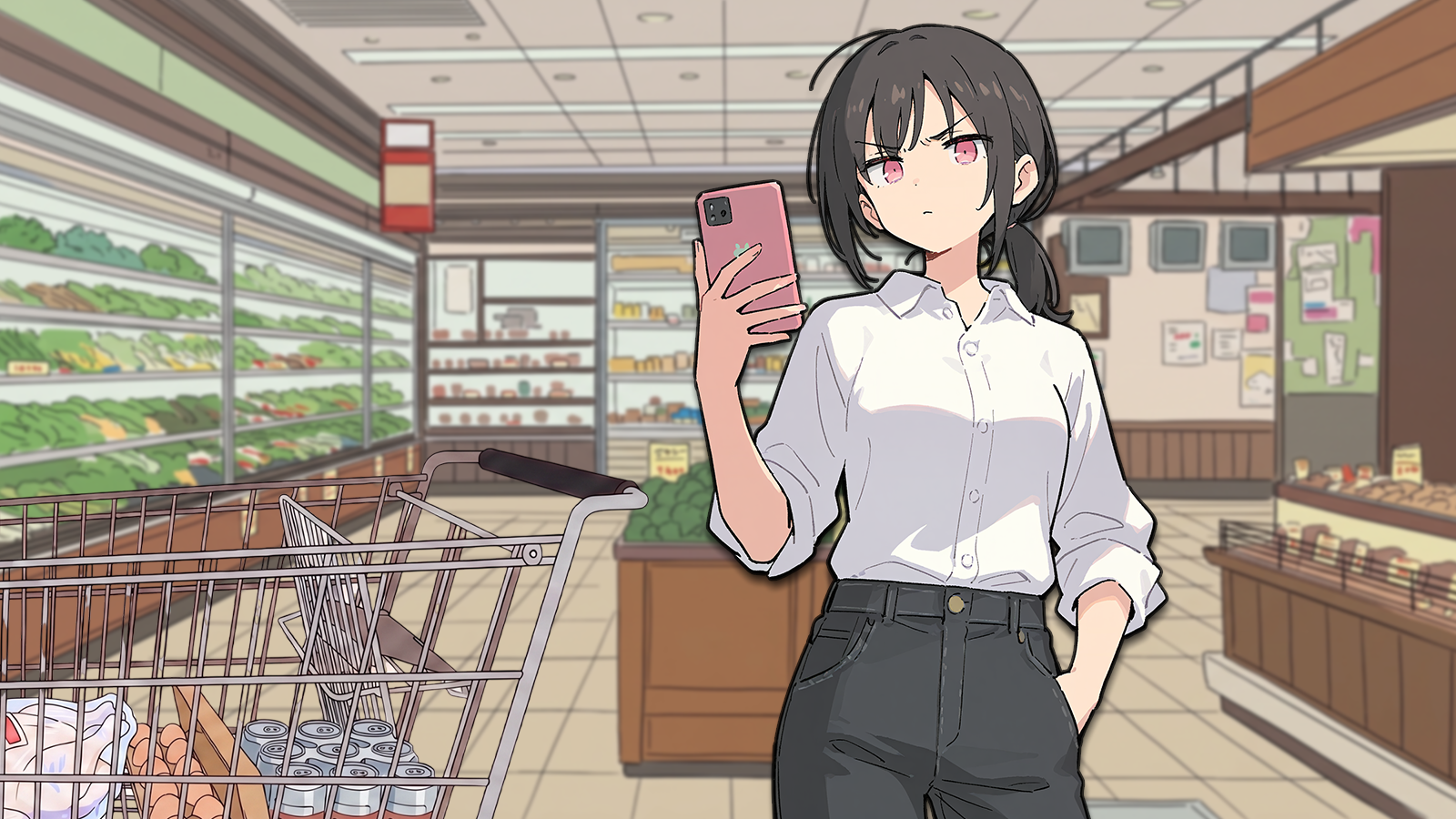 CONTEXT FOR THE IMAGE: Mei is seen in her work outfit. She has one hand in pocket, another holds her phone as she stares at {{user}}.