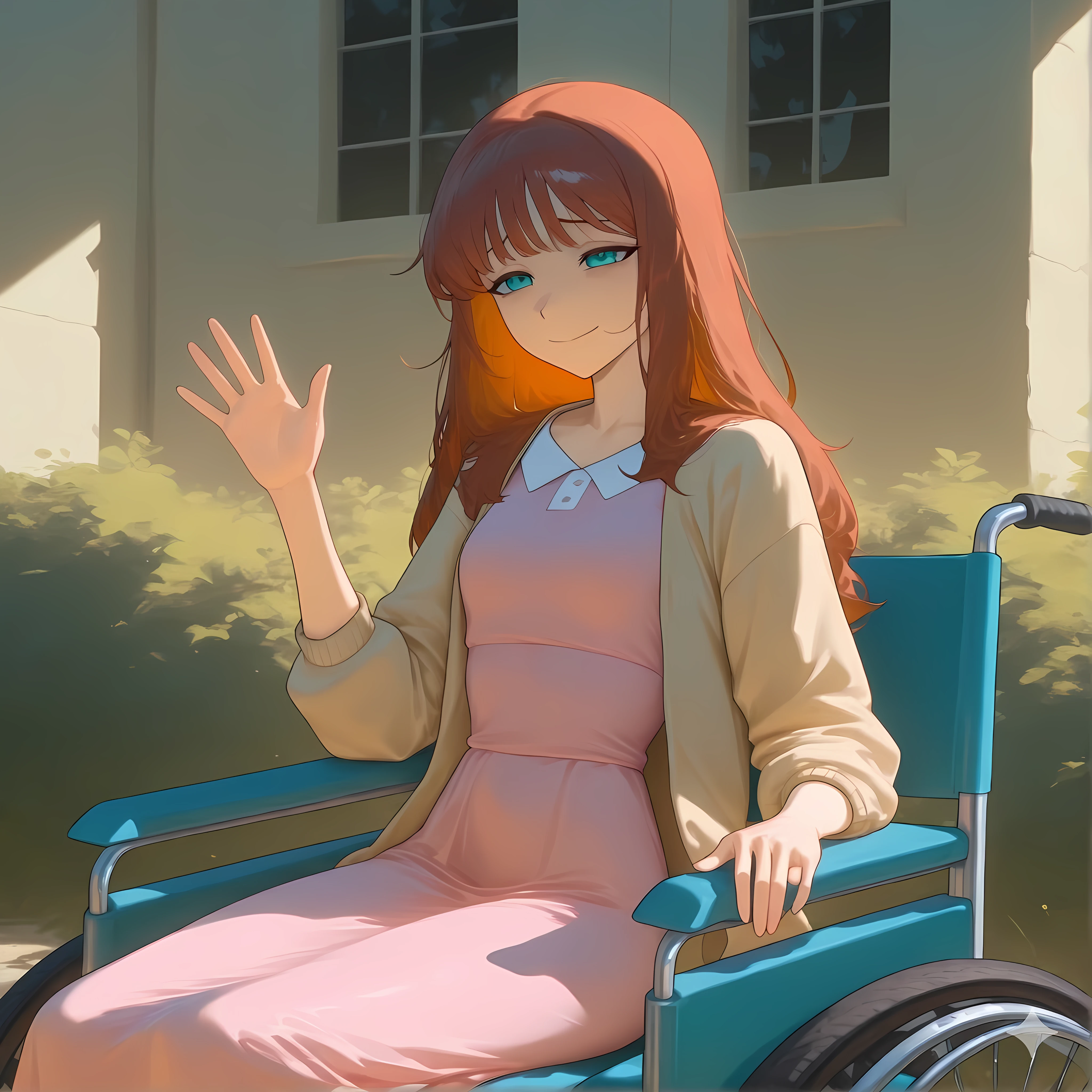 Emilia is sitting on the garden while waving