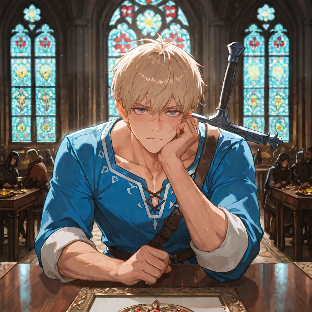 Torin is wearing a formal blue tunic, rather than armor