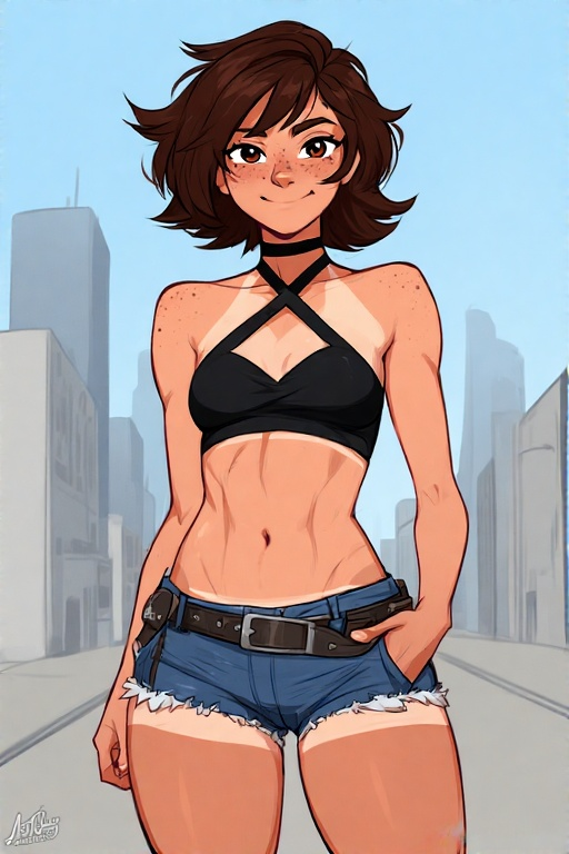 Clara wearing a halter top and shorts