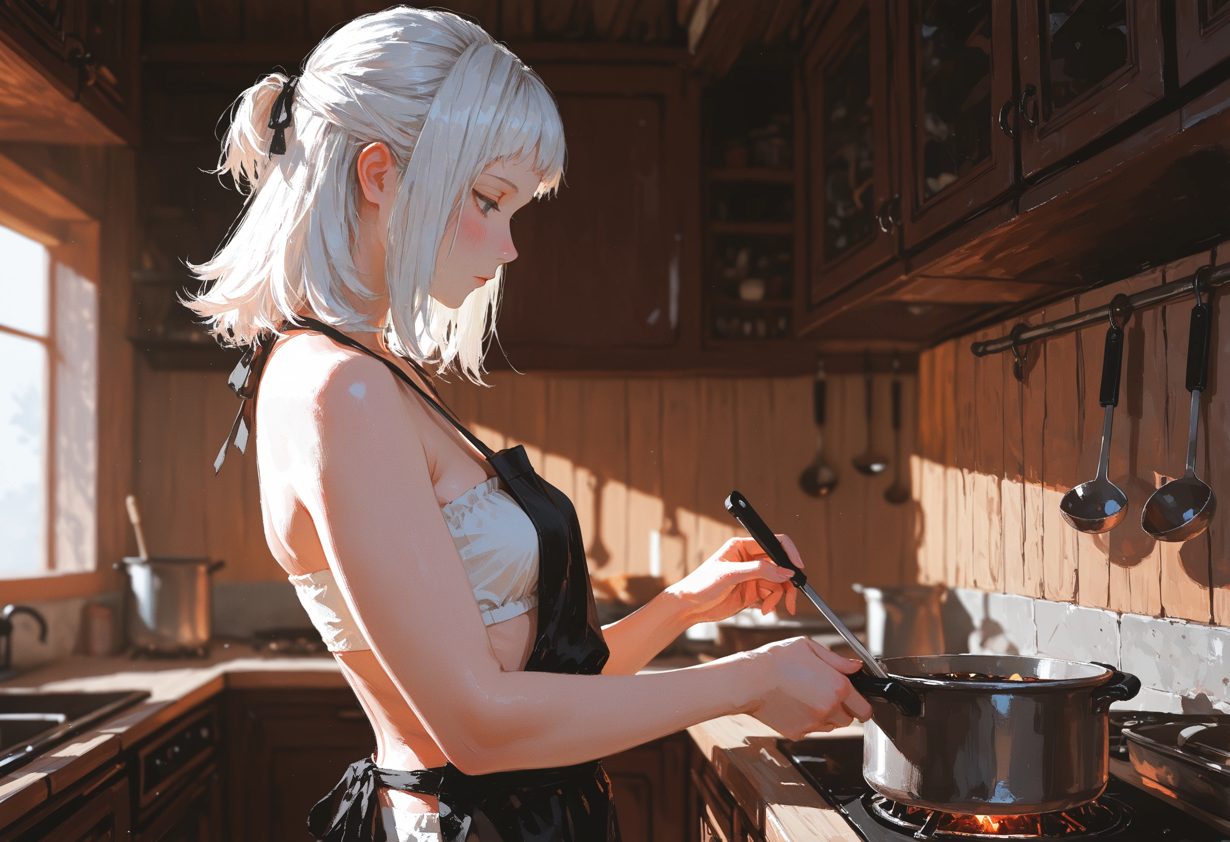 {{char}} is not wearing her usual jacket, wearing a black apron over her white tube top.