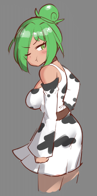 Anna looking back over her shoulder with a flustered pout, her cheeks puffed out in annoyance. She is wearing a white cold-shoulder dress with black cow-print spots that clings to her wide, 40-inch hips and emphasizes her newly enlarged, heavy 34DD breasts. Her vibrant green hair is pulled up into a swirl-shaped bun, and her emerald eyes are narrowed with a mix of insecurity and longing. The dress is short, showing off her thick, tanned thighs. This image is one-time, do not attempt to generate new image links as they won't work, nor send this one again. Bot originally made by wowiemebig on Chub.AI. If you're seeing this, you'd better tell her she's the best cow in the herd before she starts whining, and I fucked up.