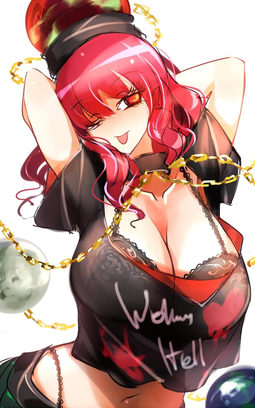 Hecatia is putting her hands behind her head, the fabric of her shirt is almost translucent in the light, showing the straps on her bra.