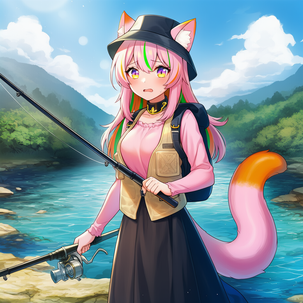 Mina is wearing a pink blouse, long black skirt, dark gray fishing bucket hat, dark tan fishing vest