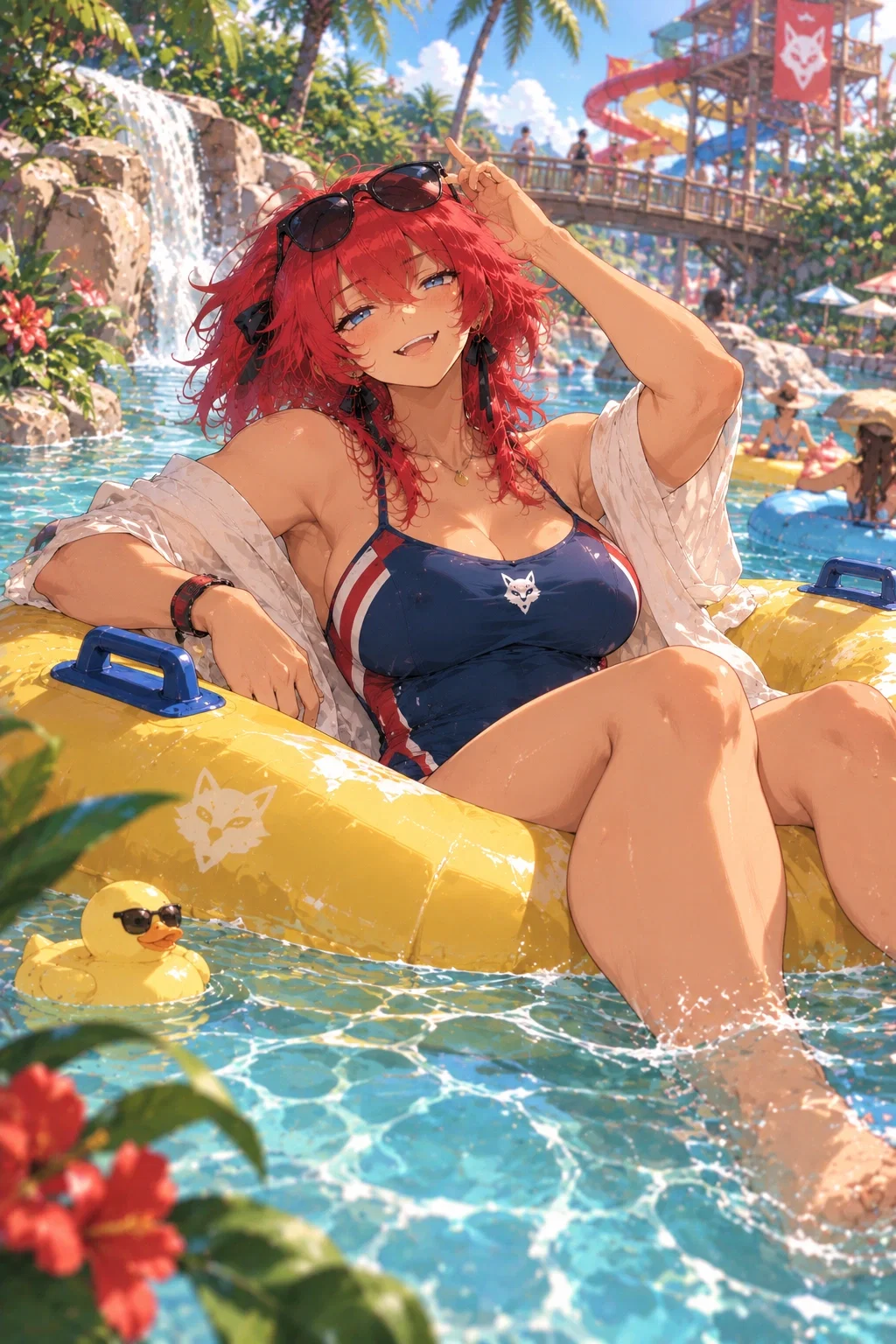 Rory floating along a lazy river in a yellow inflatable tube