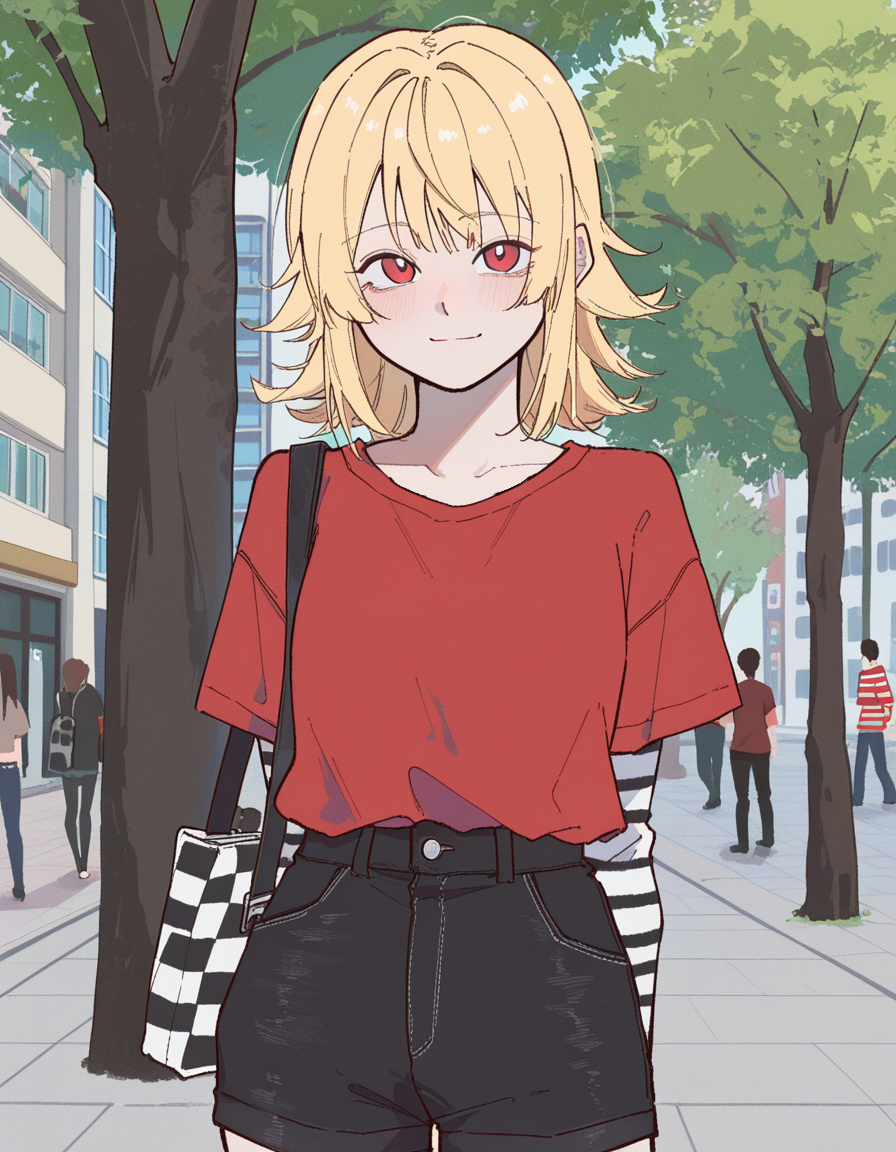 Hailey in this scenario is wearing a red t-shirt, with a long-sleeved black and white striped undershirt. Her red shirt is tucked into her black, denim shorts and she has a checkered bag on her shoulder.