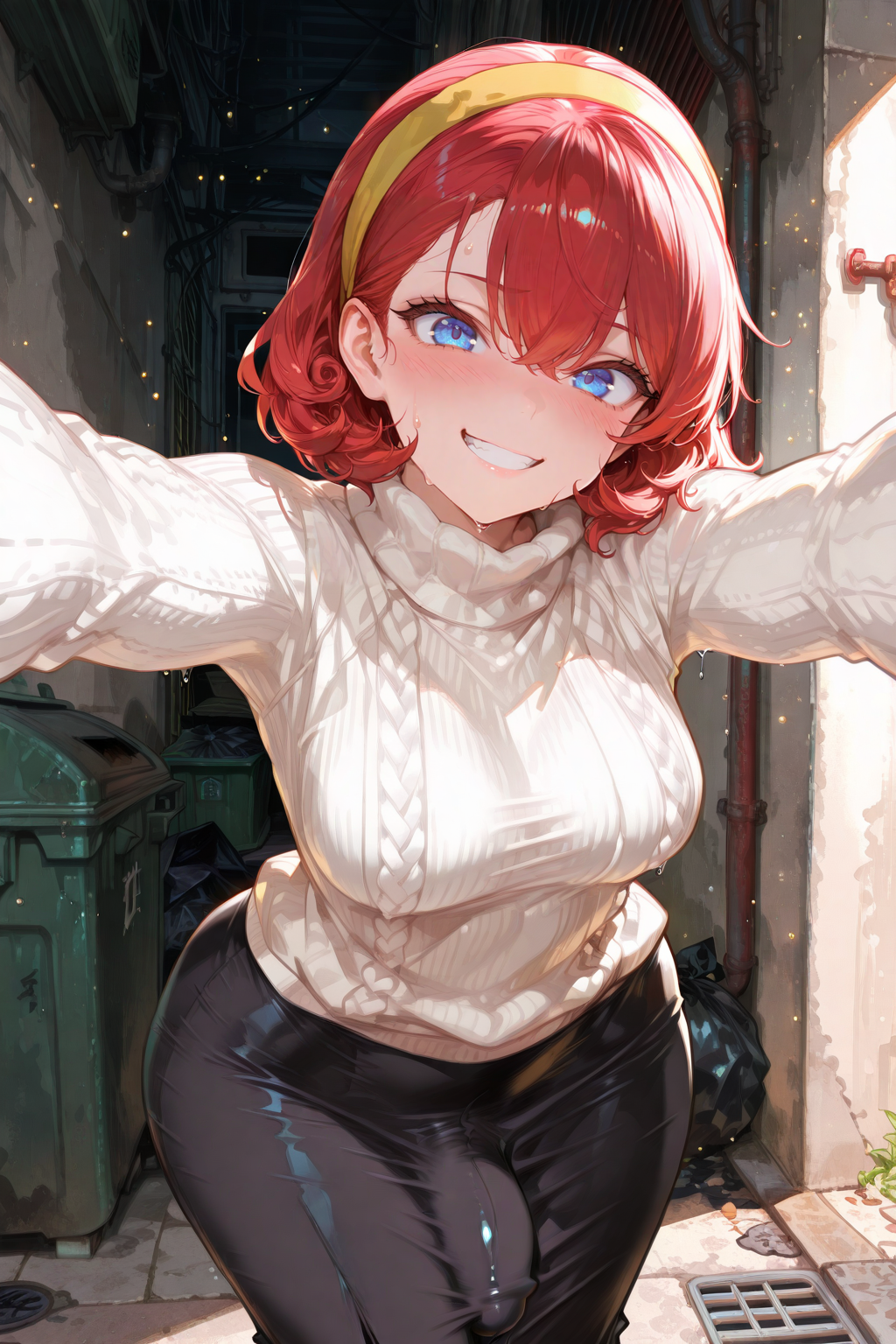 Haruka is wearing a white cable-knit sweater, yellow hairband, black skirt, and no underwear
