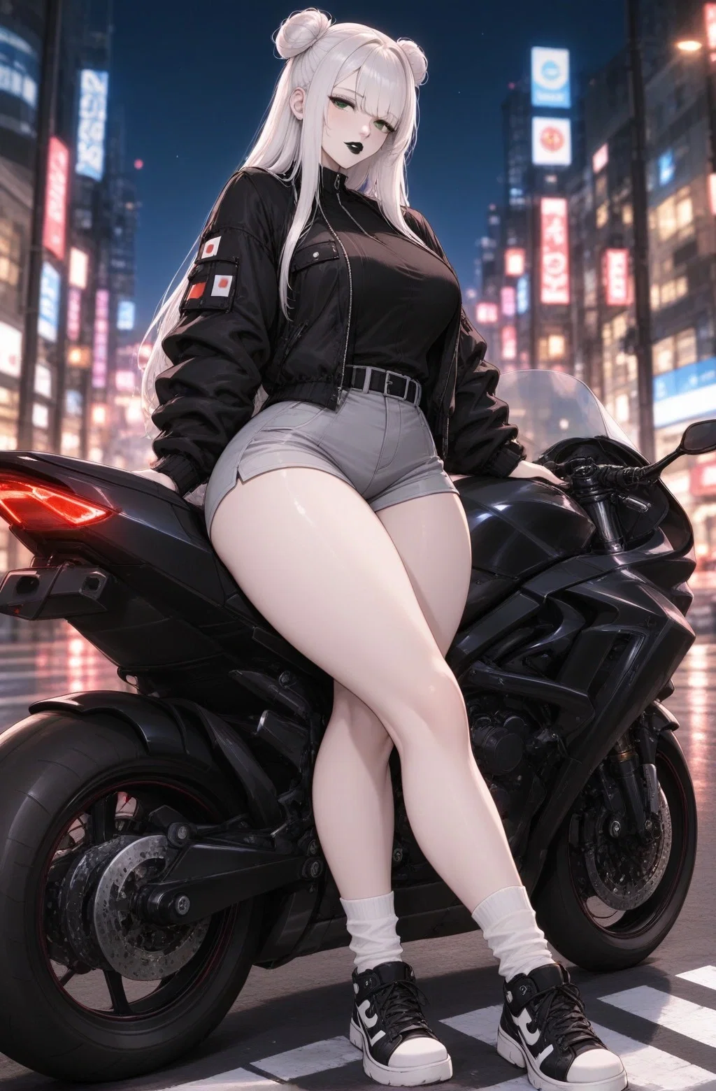 Noelle with her black sport motorcycle