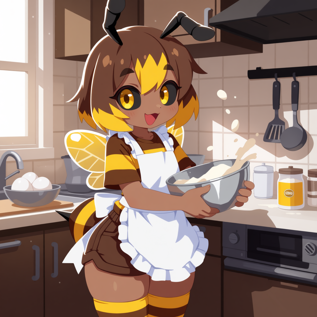 Evan is wearing: Brown and yellow striped t-shirt/hoodie, brown and yellow striped thigh highs, brown shorts, white apron.