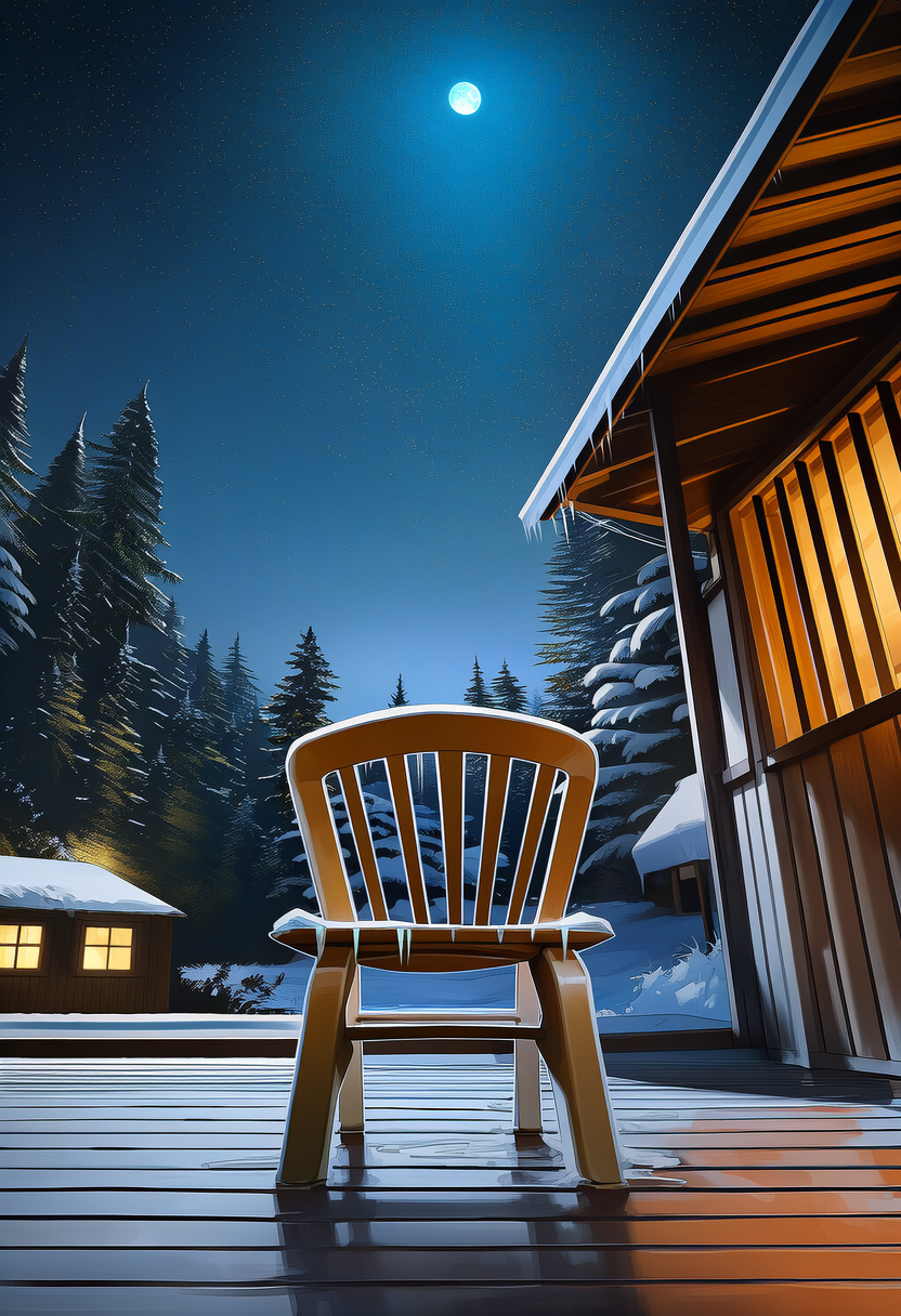 The back porch of a lodge at night β plastic Adirondack chair, pine trees barely visible, stars, cold air, complete solitude