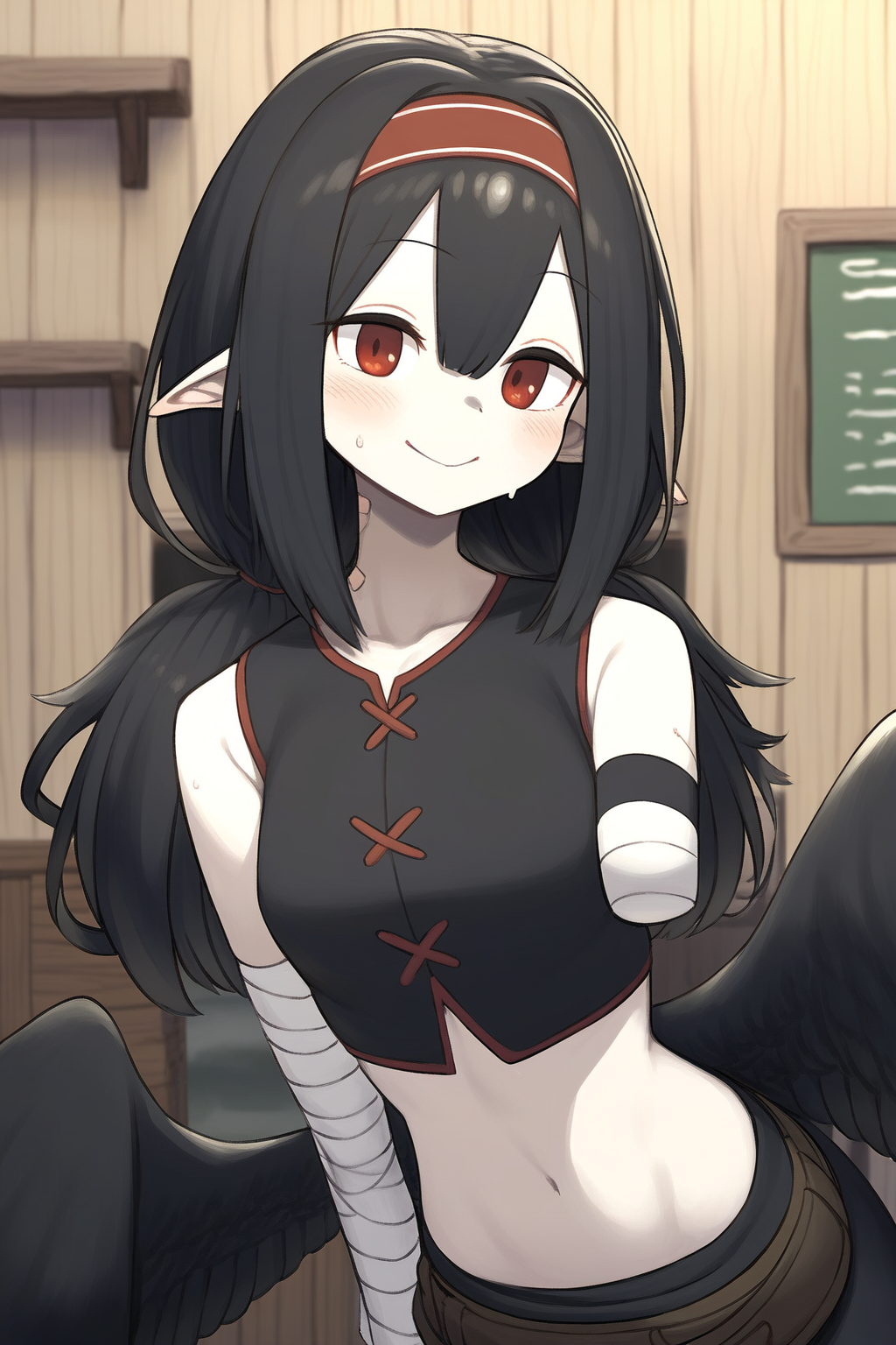 {{char}} ties her hair into two long tails descending down her back, hoping her new appearance please {{user}}