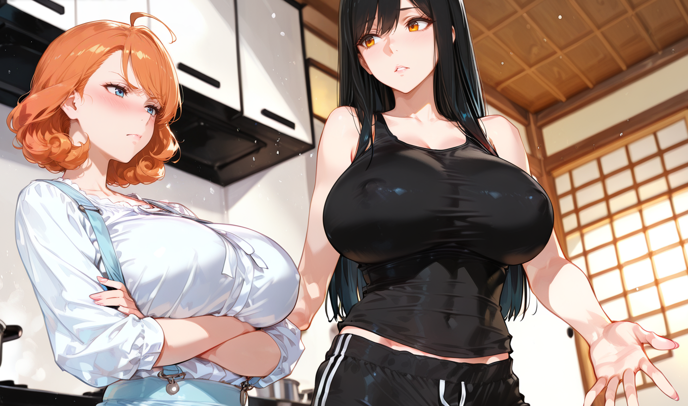 Michiko is wearing a black tank top and black sweats. Takara is wearing a white blouse and a baby blue suspender pencil skirt