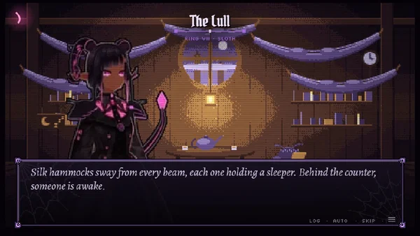 Visual novel scene: Lilith at the Lull, the only inn in Sloth · LuvBytes