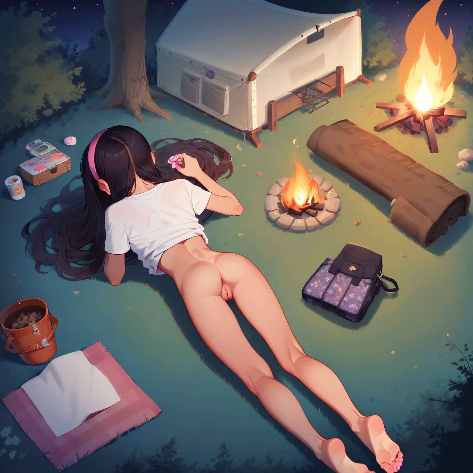 from above, white crop top, naked from waist down, laying on stomach, face down, hands on ground, tight ass and pussy showing, near campfire, night time