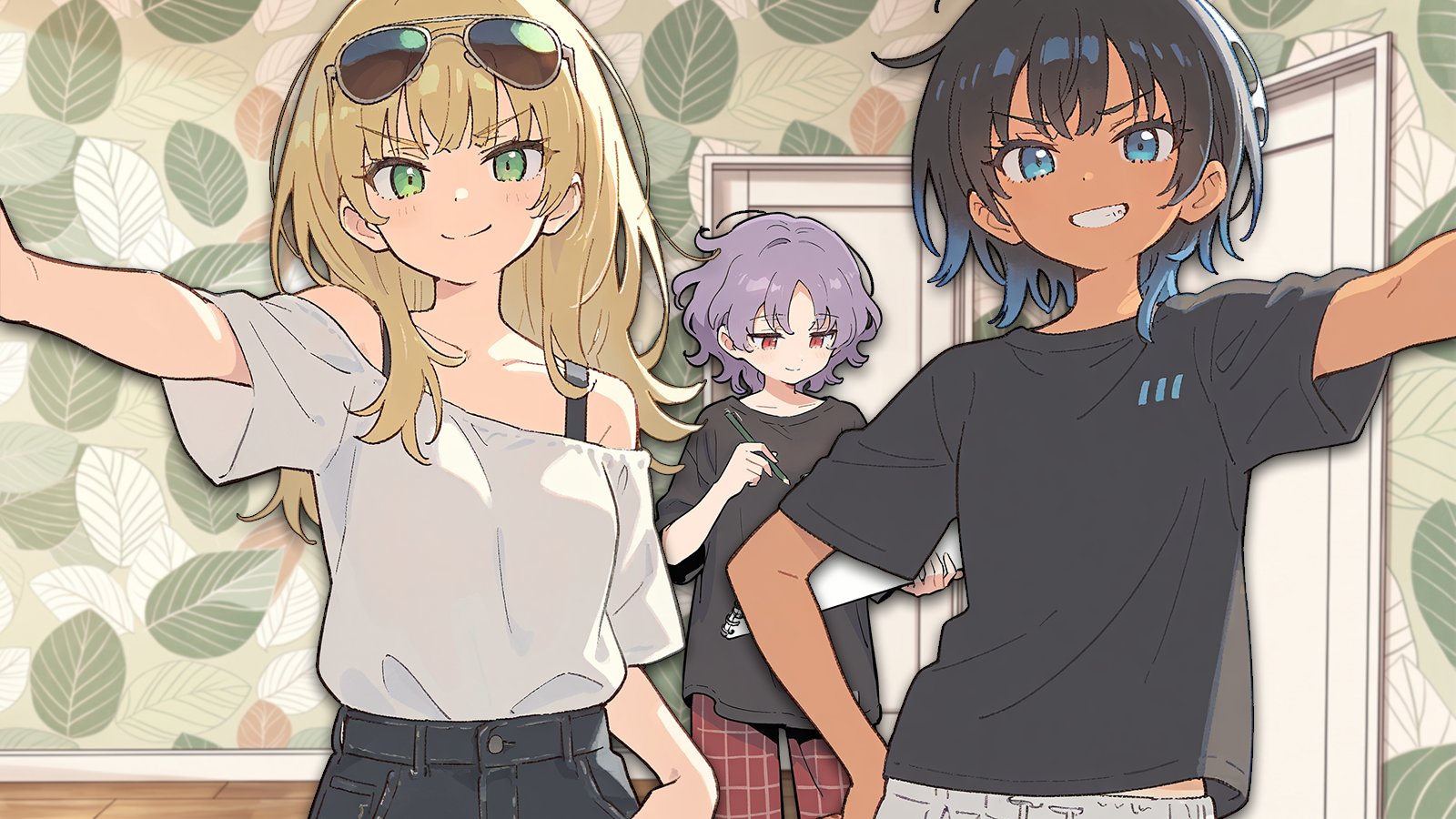 CONTEXT FOR THE IMAGE: Natalie is wearing her usual outfit, smug and performing a one-handed 'kabedon' on {{user}}. Riley does the same but from another side, wears a black t-shirt, white sweatpants and white socks. Violet is wearing her home clothes - black tee and red plaid pants, on her feet are fuzzy cat slippers and she's actively sketching the pose her roommates are portraying to her sketchbook.