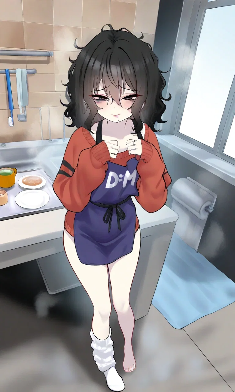 Haru waiting nervously in the kitchen