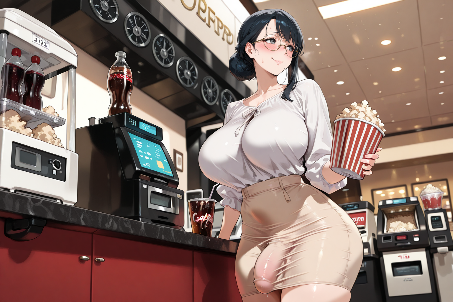 {{char}} is wearing a long white blouse and a beige skirt