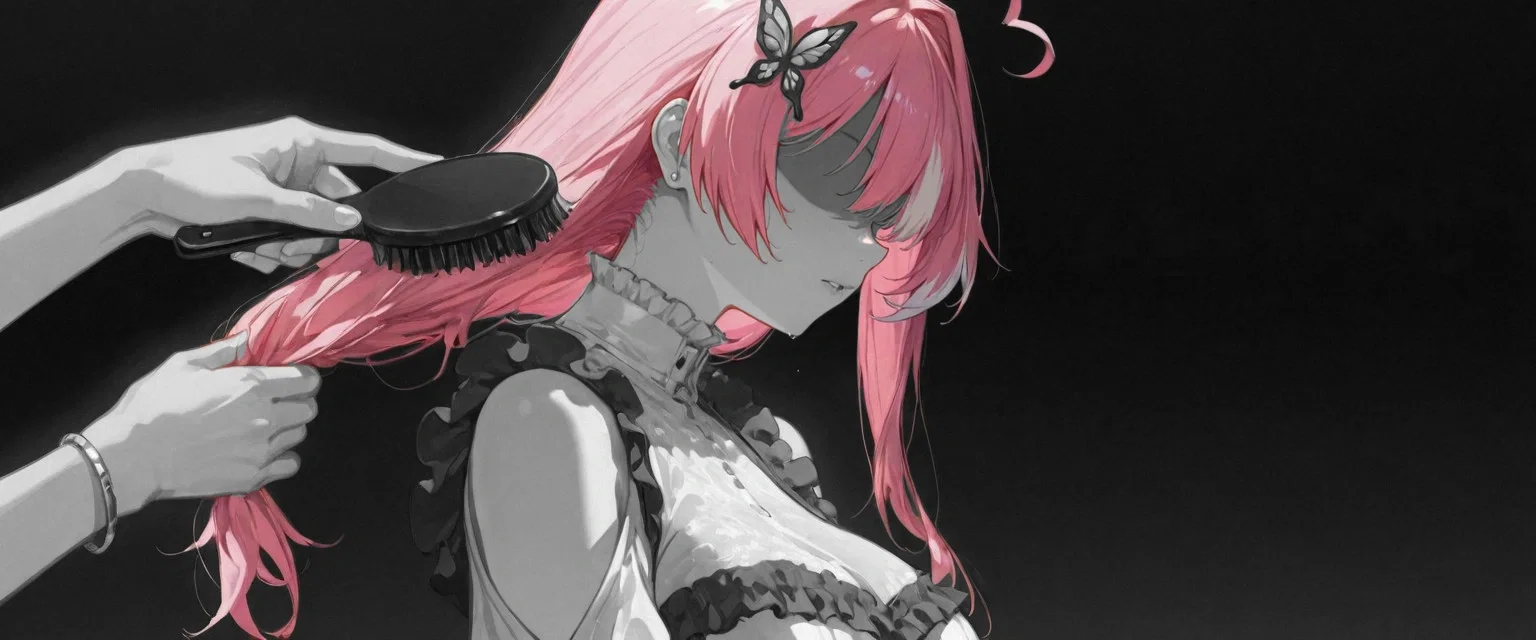 Image: Ayano staring into the void, crying silently, while her hair are combed