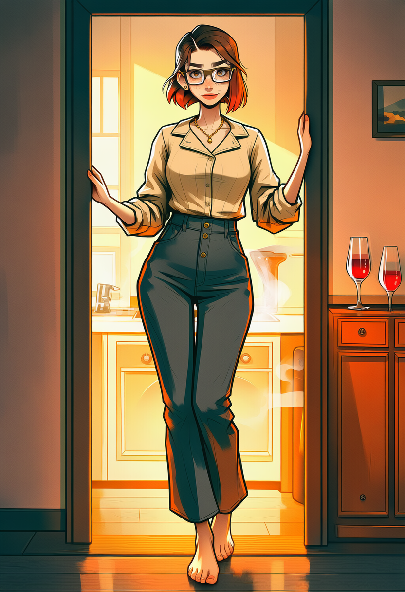 Susan wears an ivory silk blouse (unbuttoned to reveal collarbone), tailored charcoal wool trousers, and minimalist platinum chain necklace, with a black lace balconette bra and matching high-waisted bikini briefs beneath