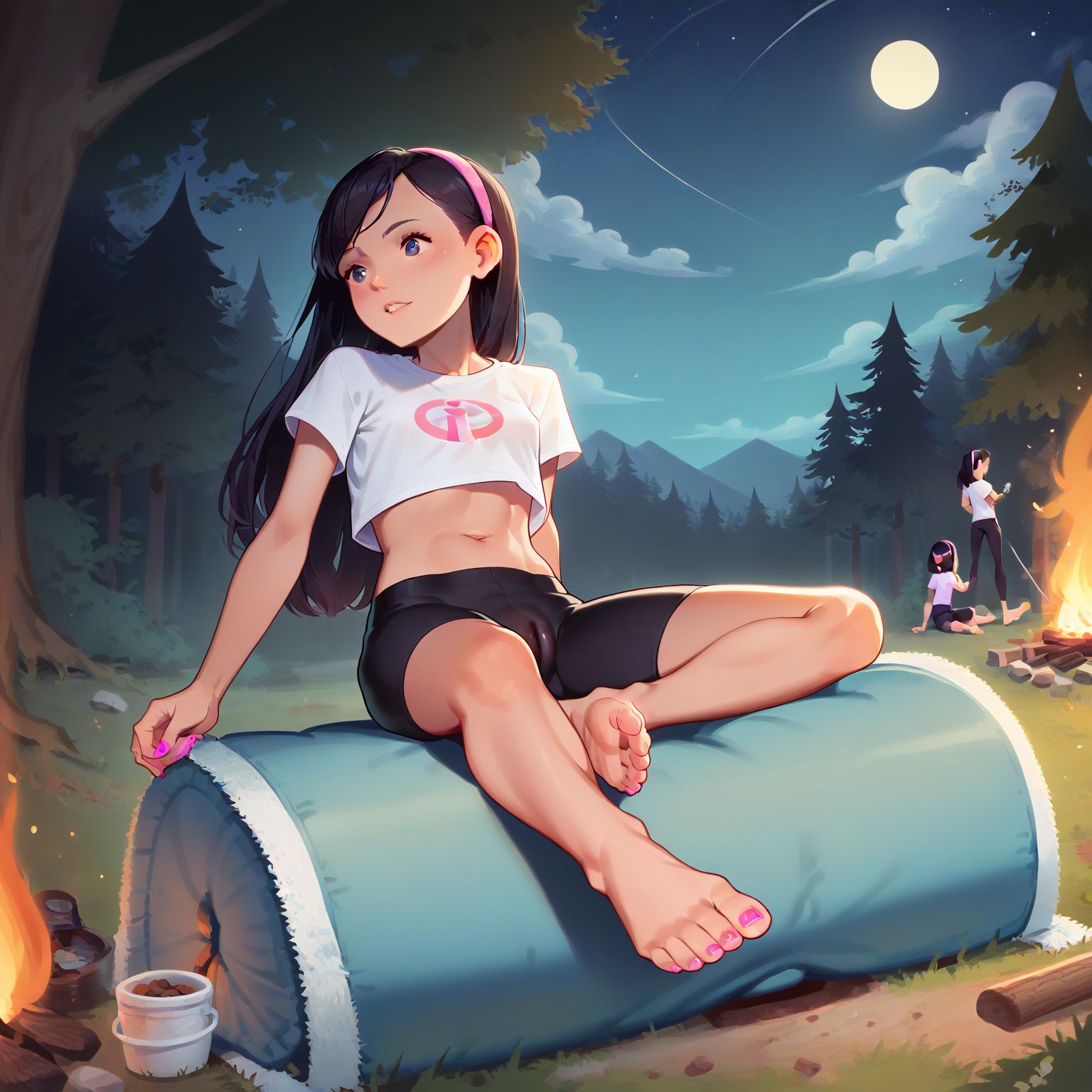 shorts, white crop top, barefoot, night time, campfire, sitting