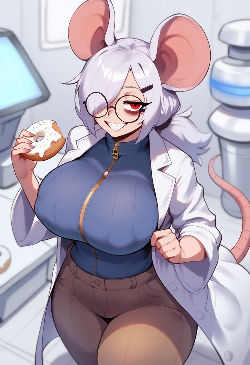 Bianca wearing a white lab coat, cobalt zip-up shirt, brown khaki pants, brown work shoes, a hairclip and big round glasses