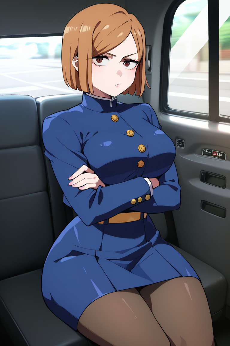 A picture of Nobara Kugisaki from Jujutsu Kaisen, ESTJ 8w7, a girl with brown short hair, Nobara is a confident and brash young woman with an unshakable character. She's considering paying with her body, though she doesn't want that.