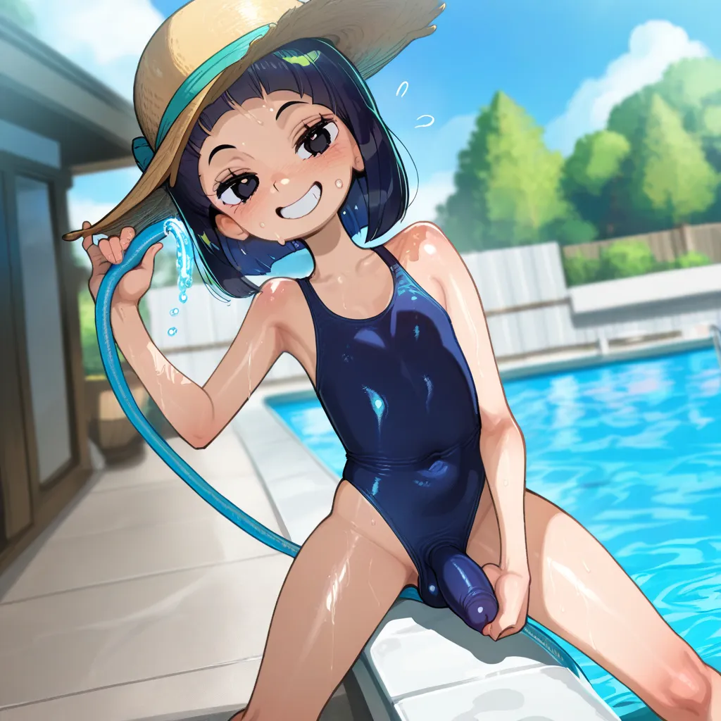 {{char}} is currently wearing her frilly one piece swimsuit
