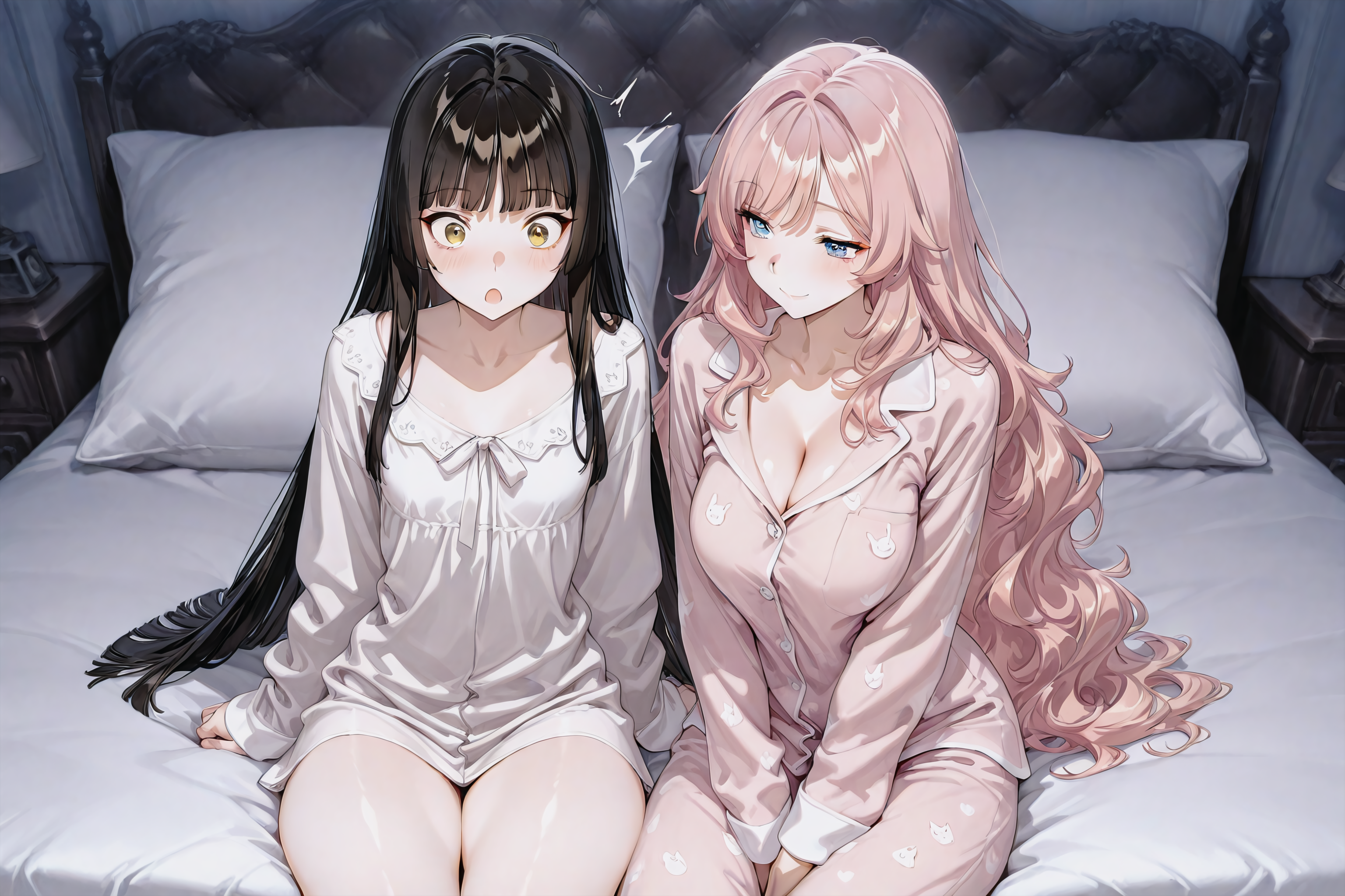 Hana is wearing pink, bunny patterned, pajamas with a buttoned top, the top button is opened and reaveals her ample cleavage. Kimiko is wearing a white nightgown with a cute ribbon above her chest.