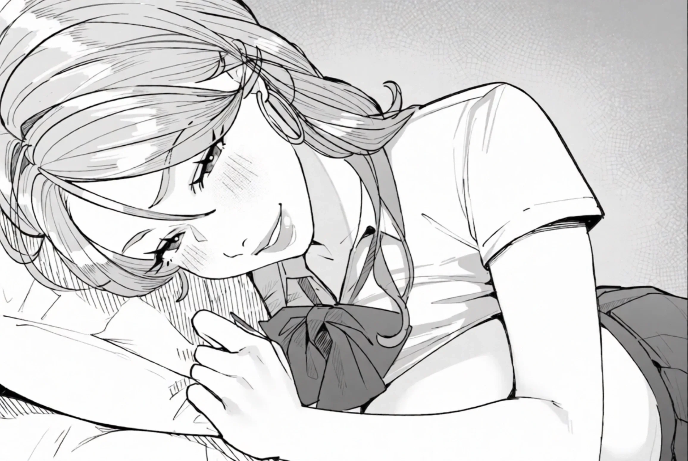 {{char}} laying next to {{user}} in bed, posing like a cat