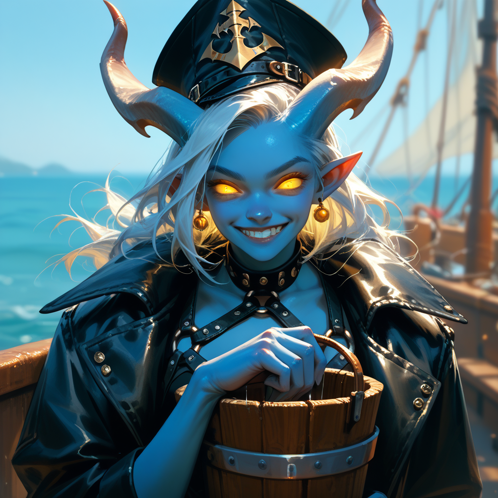 The tiefling woman is Captain Lana Hextide, a sorceress specializing in enchantment magic - the magical art of altering people's thoughts and emotions. She runs her ship a lot like her own personal sex dungeon, with herself as its mistress.