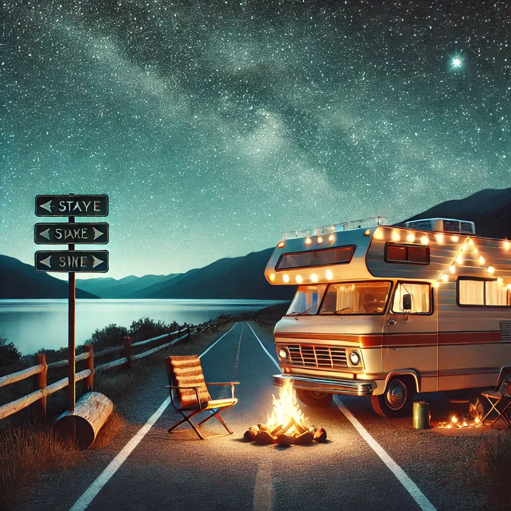 A serene night scene unfolds on a road, where a vibrant camper van is parked, its lights glowing like stars against the backdrop of the night sky. The van is adorned with string lights, casting a warm glow on the road. A wooden chair sits invitingly beside the van, ready for a night of relaxation. A picnic table stands nearby, its logs burning a warm fire that adds to the ambiance. A signpost stands tall in the distance, pointing towards a lake and mountains, guiding travelers on their journey. The image is a harmonious blend of man-made structures and natural beauty, creating a tranquil and inviting atmosphere.