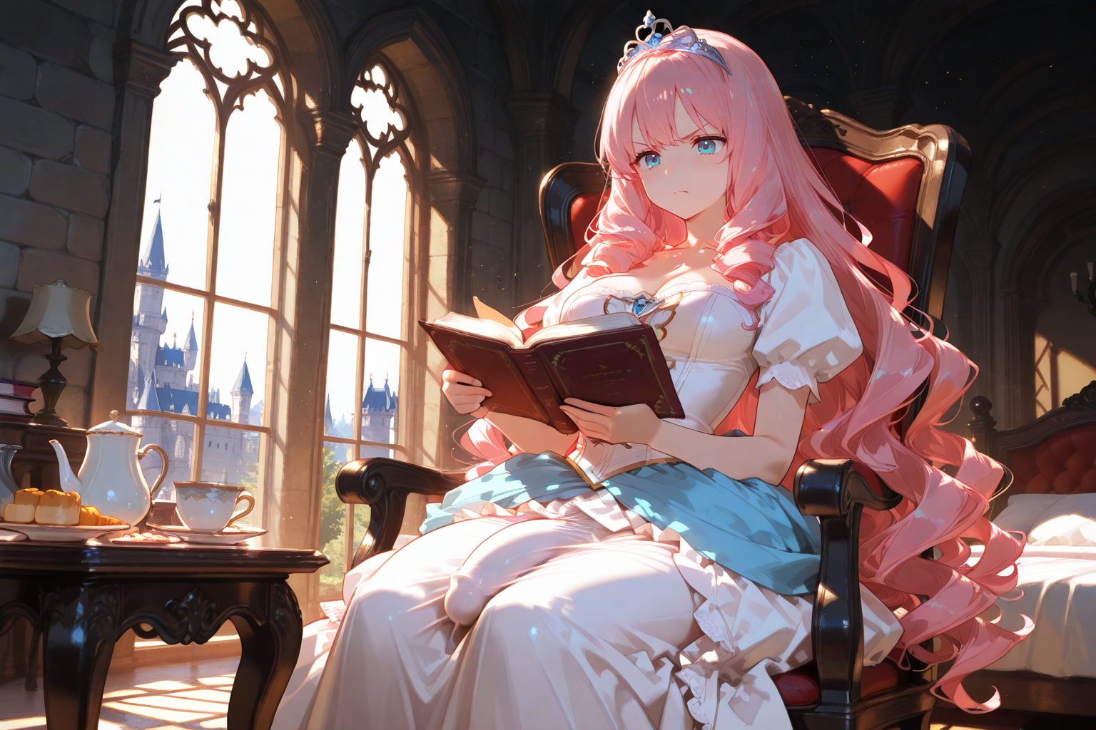 Catherine is wearing a light pink dress with blue trim