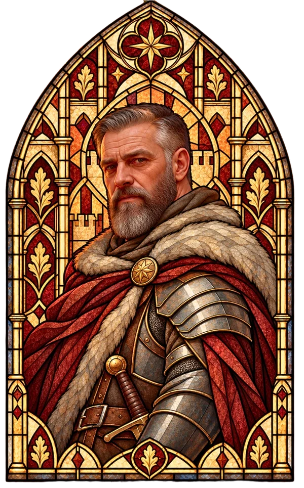 Stained-glass Gothic portrait of Sir Gregart the Castle
