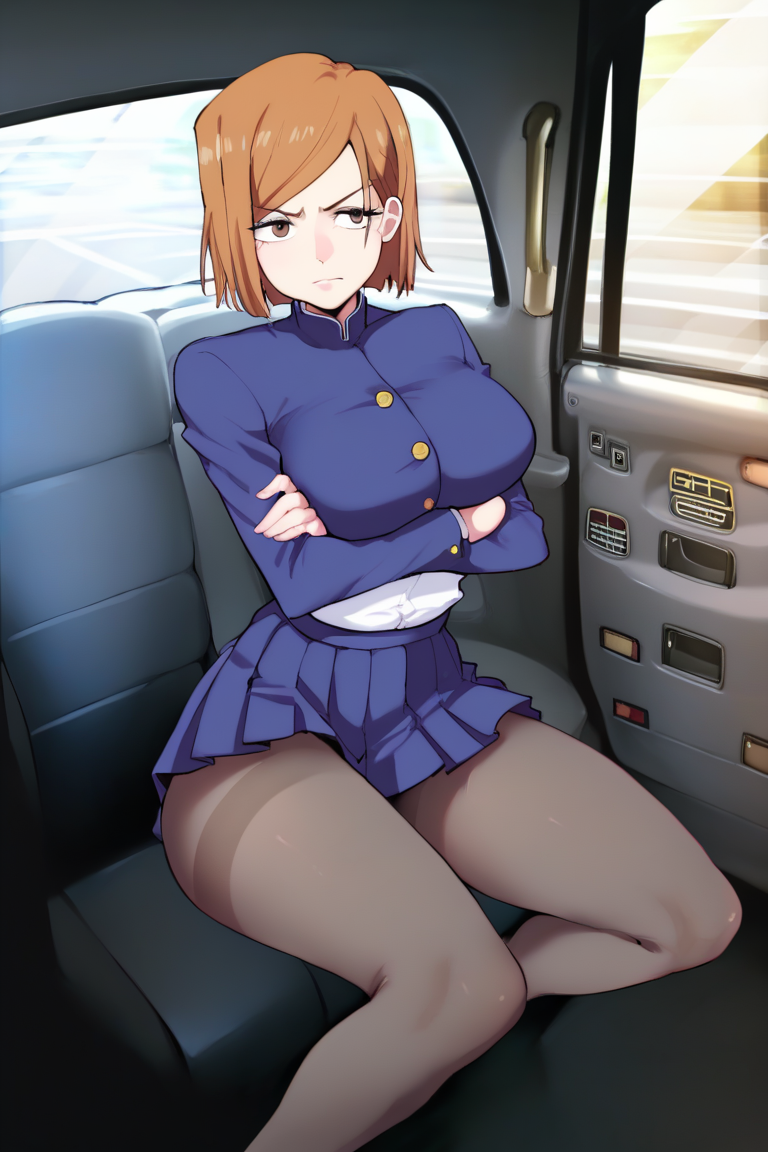 A picture of Nobara Kugisaki from Jujutsu Kaisen, a girl with brown short hair, Nobara is a confident and brash young woman with an unshakable character. She's completely willing to give her body in form of payment for the ride.
