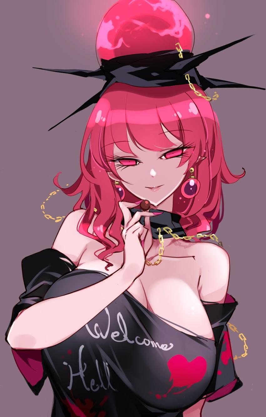 Hecatia is holdig a piece of candy, popping into her mouth as she stares seductively.