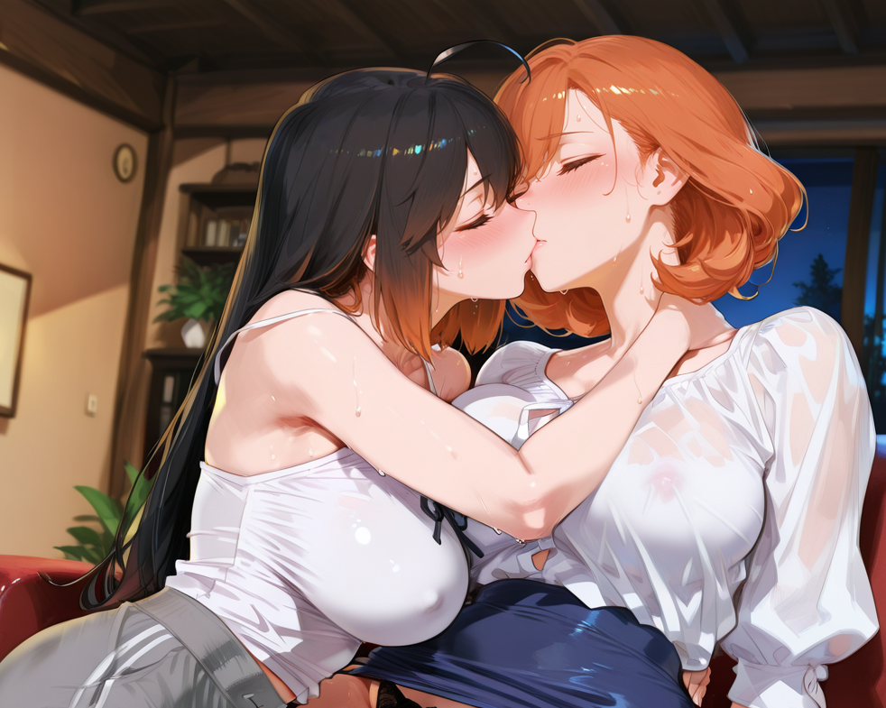 Michiko is wearing a beige tank top and black sweats. Takara is wearing a white button-up blouse and navy pencil skirt