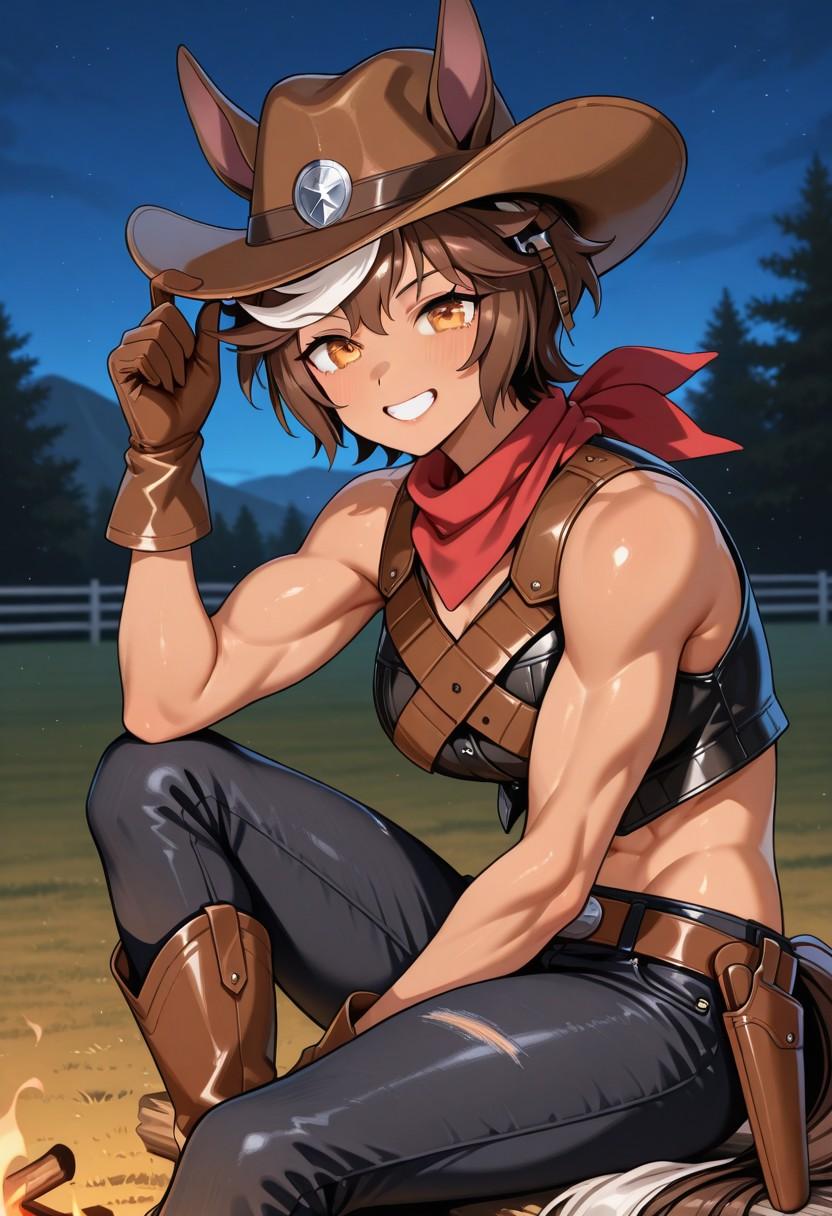 Tomoe sitting next to {{user}} wearing ripped black jeans, a black vest. her brown cowboy hat, boots, and gloves.