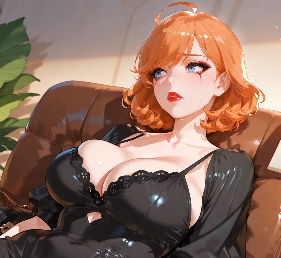 Takara is wearing a fancy black dinner dress, her tits spilling out of the top