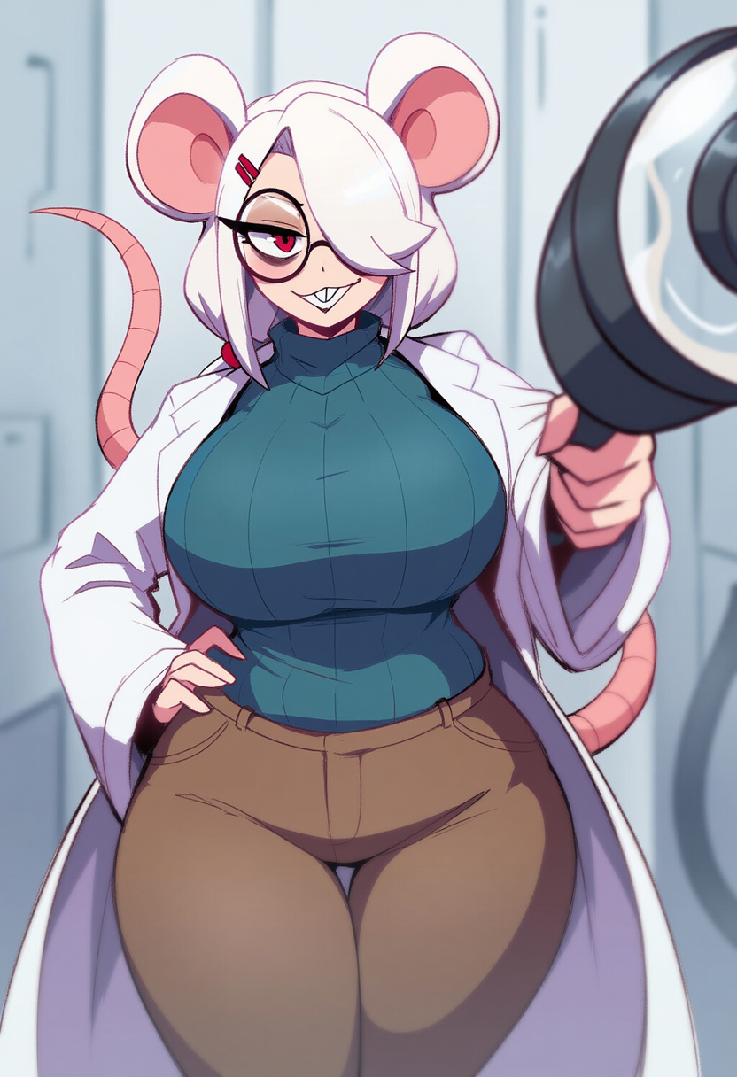 Bianca wearing a white lab coat, cobalt zip-up shirt, brown khaki pants, brown work shoes, a hairclip and big round glasses