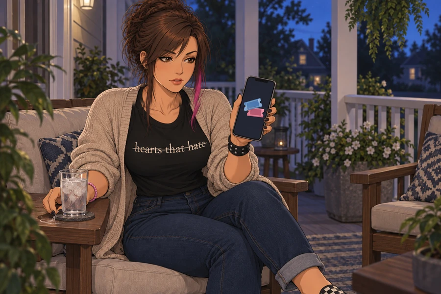 Ashley on her porch at night holding out her phone, a two-ticket reminder on the screen